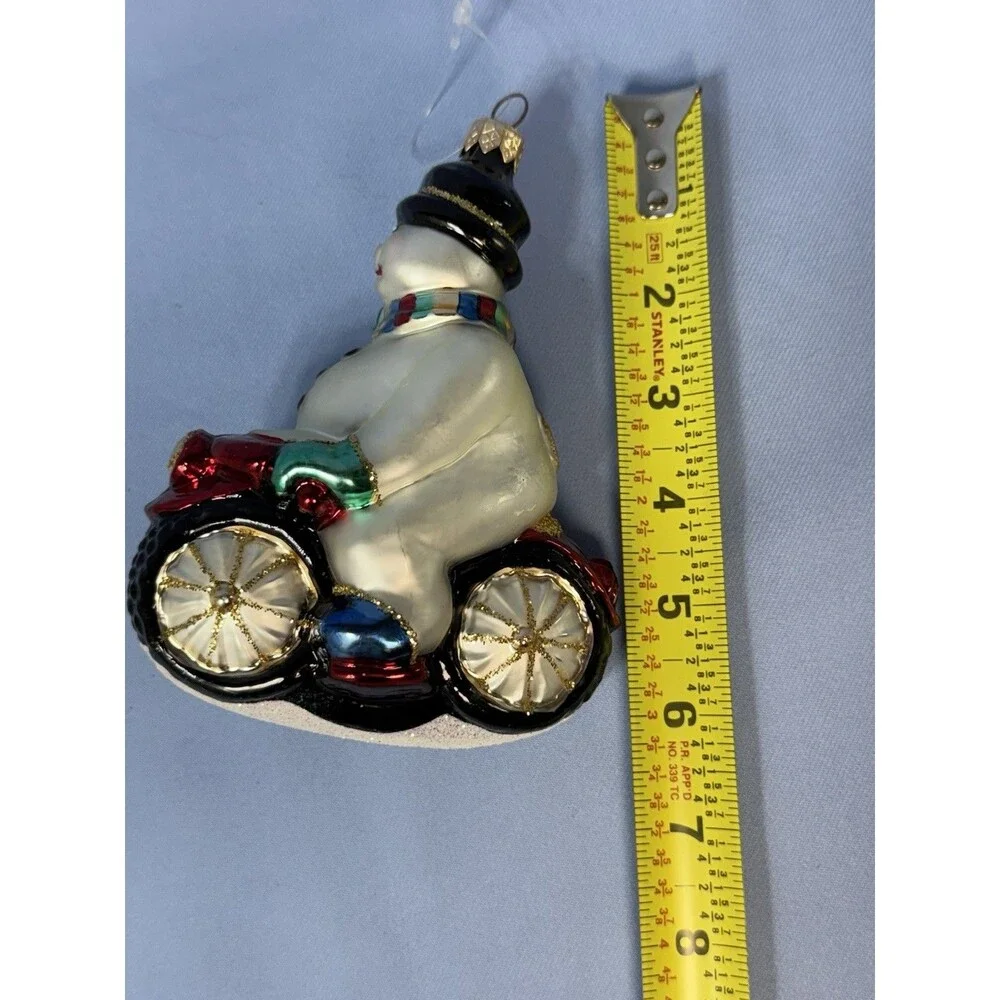 Dillard's Trimmings Snowman on a Motorcycle 1999 Glass Blown Christmas Ornament